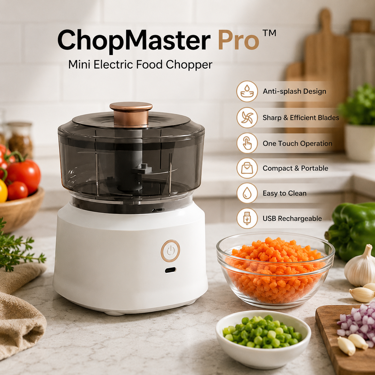 ChopMaster Pro™ Mini Electric Food Chopper – 350ML USB Rechargeable Garlic, Onion & Vegetable Processor