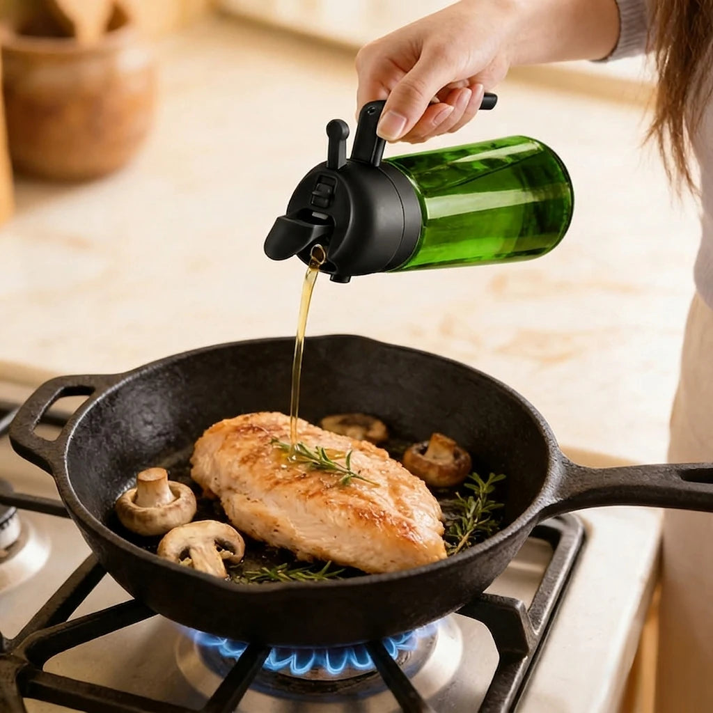SprayPour Pro™ 2-in-1 Oil Sprayer & Dispenser – 16oz Glass Oil Bottles for Kitchen, Air Fryer & Cooking