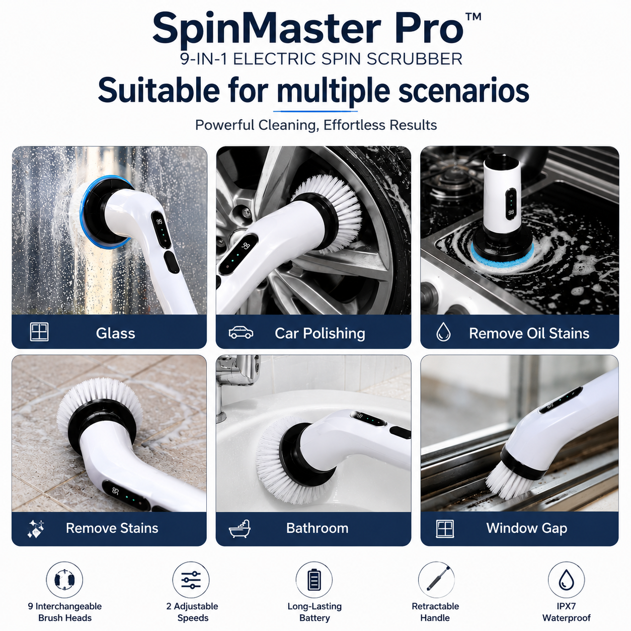 SpinMaster Pro™ 9-in-1 Electric Spin Scrubber – Cordless Rechargeable Cleaning Brush with 9 Heads for Bathroom, Kitchen, Tile & Floor