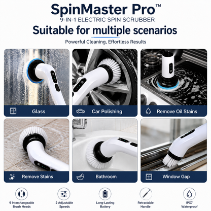 SpinMaster Pro™ 9-in-1 Electric Spin Scrubber – Cordless Rechargeable Cleaning Brush with 9 Heads for Bathroom, Kitchen, Tile & Floor
