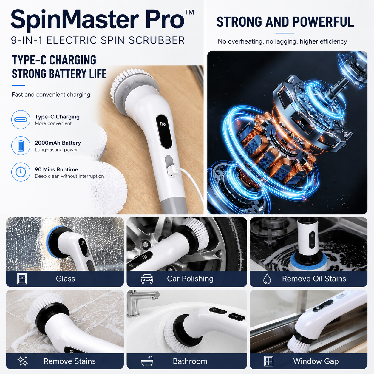 SpinMaster Pro™ 9-in-1 Electric Spin Scrubber – Cordless Rechargeable Cleaning Brush with 9 Heads for Bathroom, Kitchen, Tile & Floor