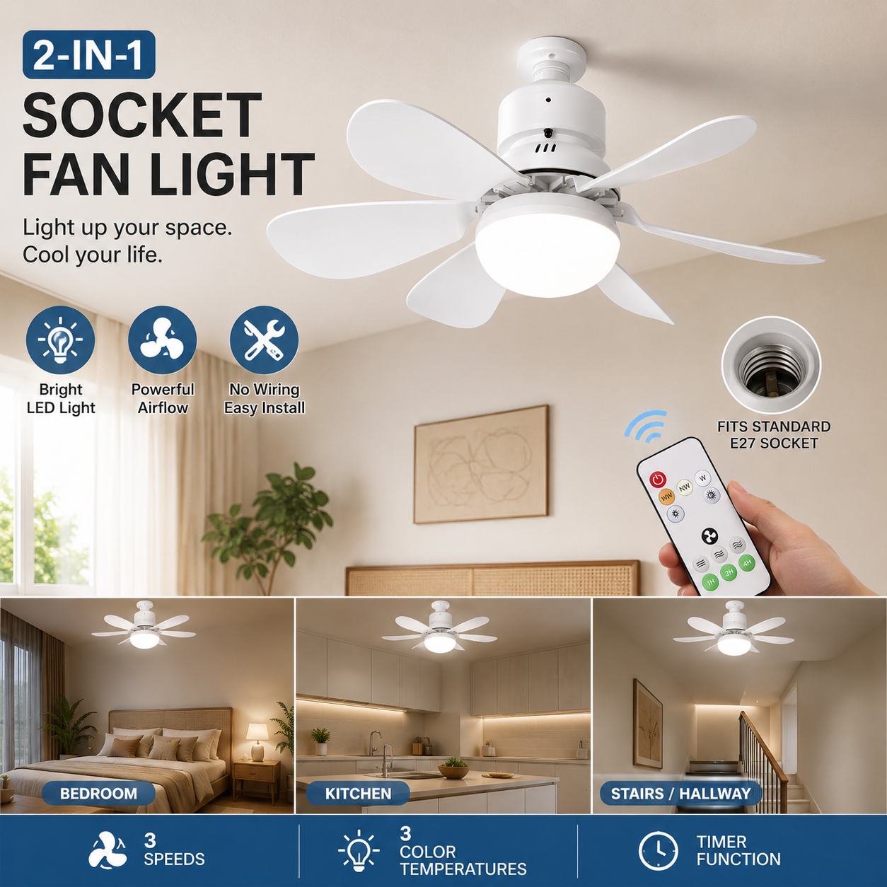 BreezeGlow Pro™ Screw-In Socket Fan Light – LED Ceiling Fan with Remote, 3 Color Modes & E26/E27 Bulb Base for Garage, Bedroom & Kitchen