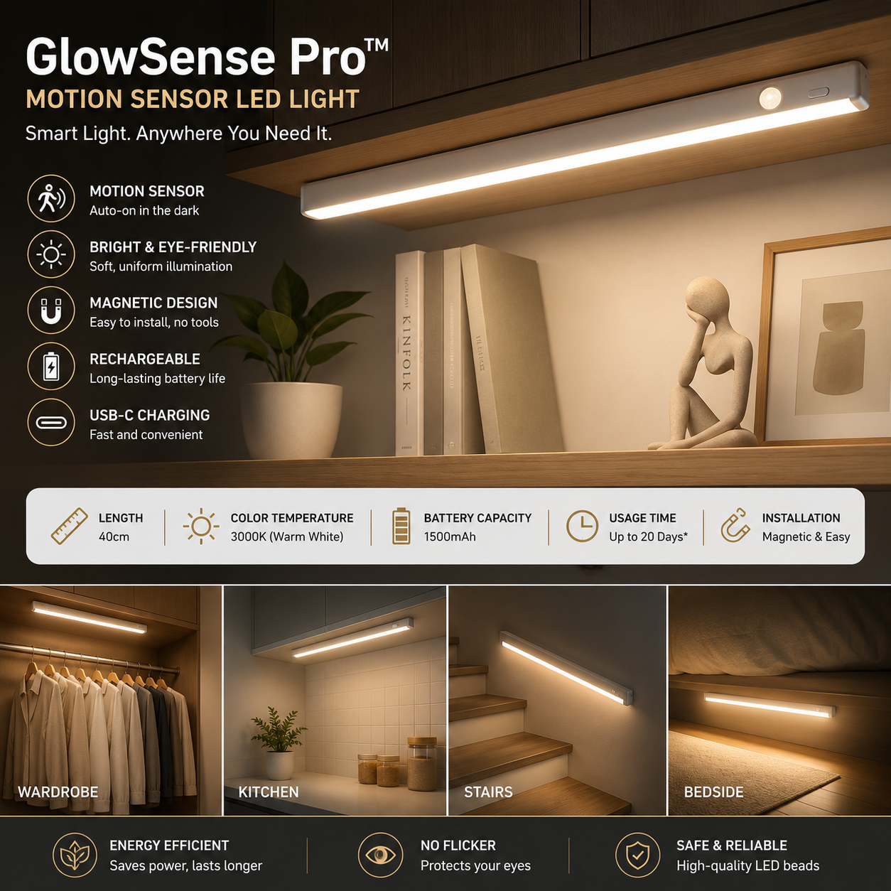 GlowSense Pro™ Motion Sensor LED Light – 40cm Rechargeable Magnetic Under Cabinet Light for Closet, Kitchen & Stairs