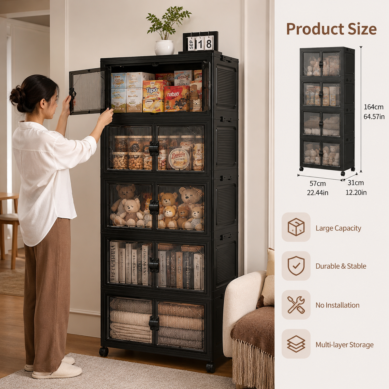 Roomify Stackable Storage Cabinet – Foldable Double Door Organizer for Pantry, Bedroom, Living Room & Office