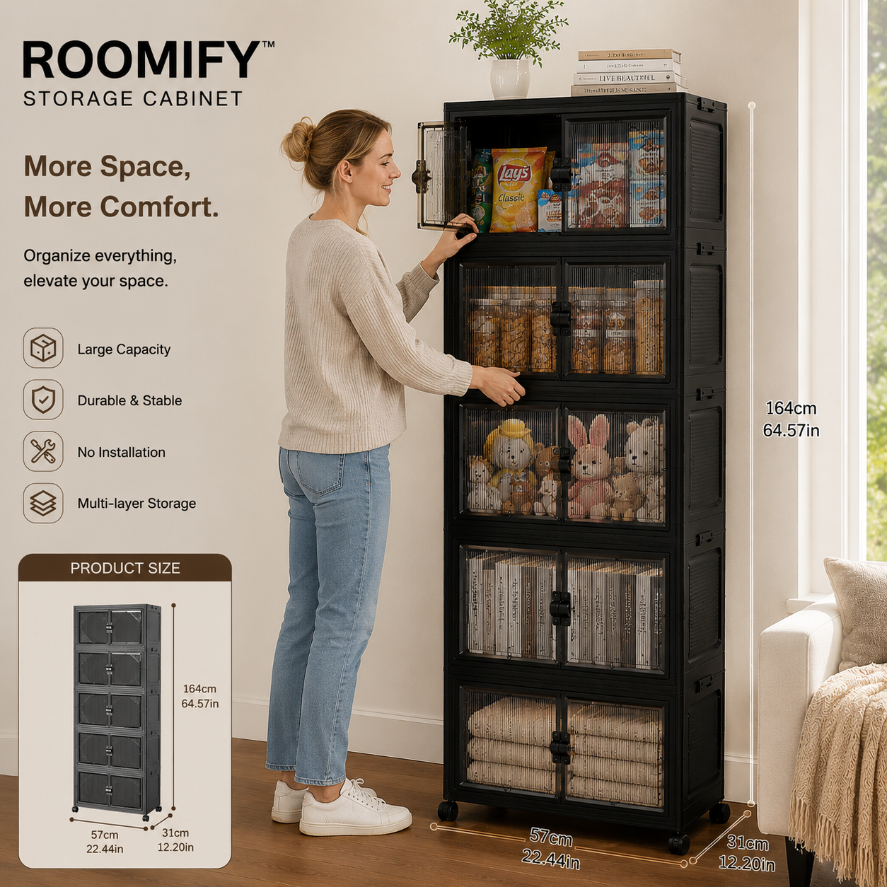 Roomify Stackable Storage Cabinet – Foldable Double Door Organizer for Pantry, Bedroom, Living Room & Office