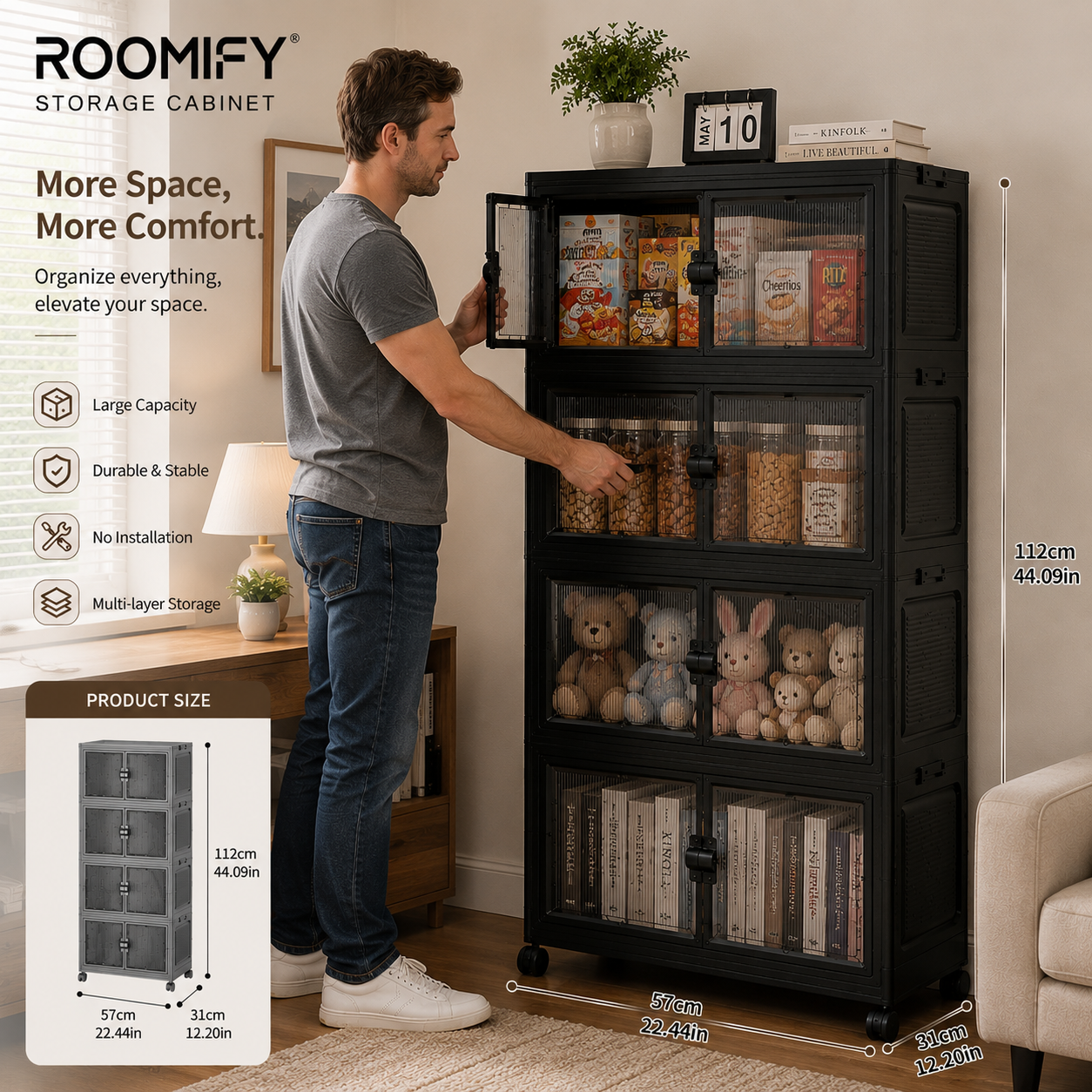 Roomify Stackable Storage Cabinet – Foldable Double Door Organizer for Pantry, Bedroom, Living Room & Office