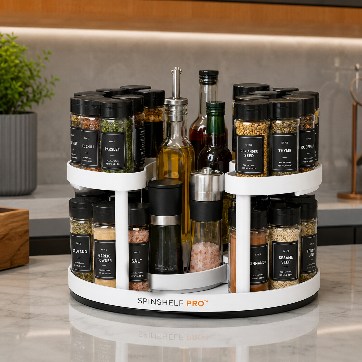 SpinShelf Pro™ 360° Rotating Spice Rack – 2-Tier Adjustable Lazy Susan Organizer for Kitchen Cabinets & Pantry