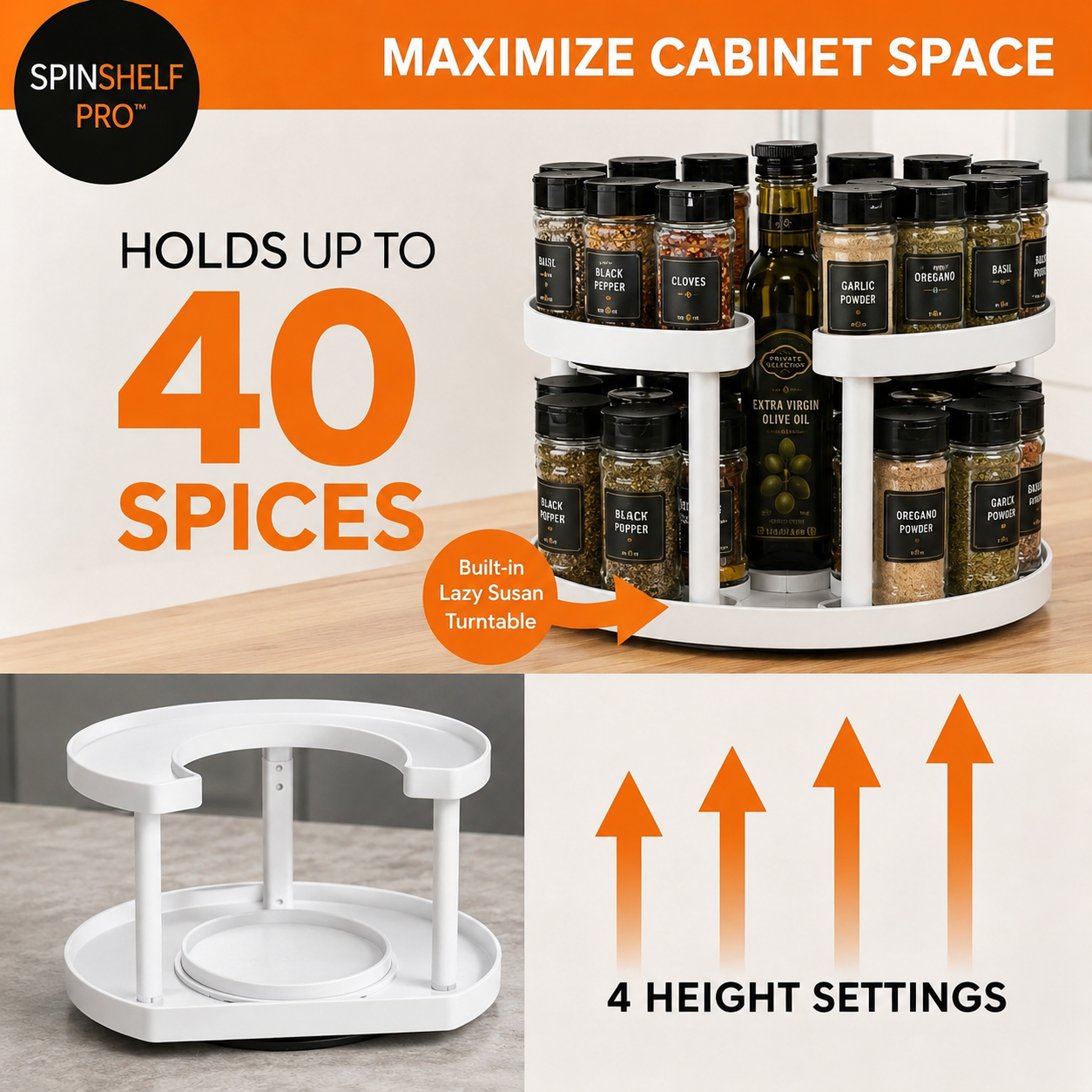 SpinShelf Pro™ 360° Rotating Spice Rack – 2-Tier Adjustable Lazy Susan Organizer for Kitchen Cabinets & Pantry