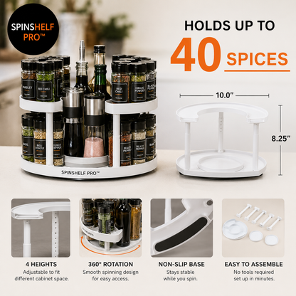 SpinShelf Pro™ 360° Rotating Spice Rack – 2-Tier Adjustable Lazy Susan Organizer for Kitchen Cabinets & Pantry