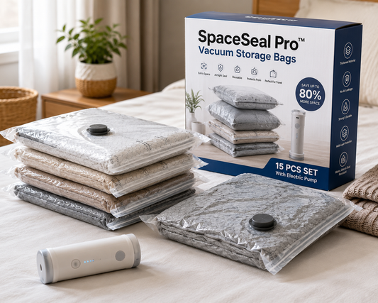 SpaceSeal Pro™ Vacuum Storage Bags – 6/15 Pack Compression Storage Bags with Portable Air Pump for Clothes, Bedding & Moving