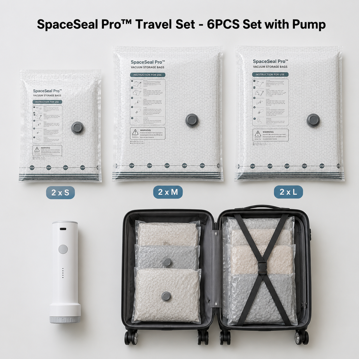 SpaceSeal Pro™ Vacuum Storage Bags – 6/15 Pack Compression Storage Bags with Portable Air Pump for Clothes, Bedding & Moving