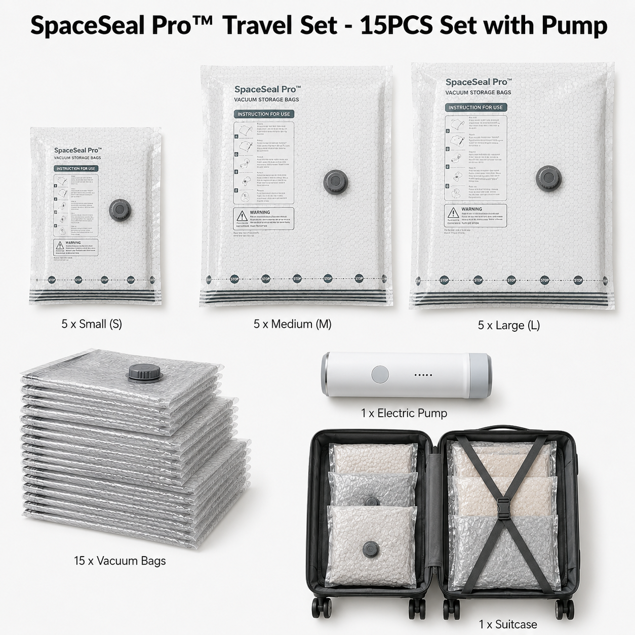 SpaceSeal Pro™ Vacuum Storage Bags – 6/15 Pack Compression Storage Bags with Portable Air Pump for Clothes, Bedding & Moving