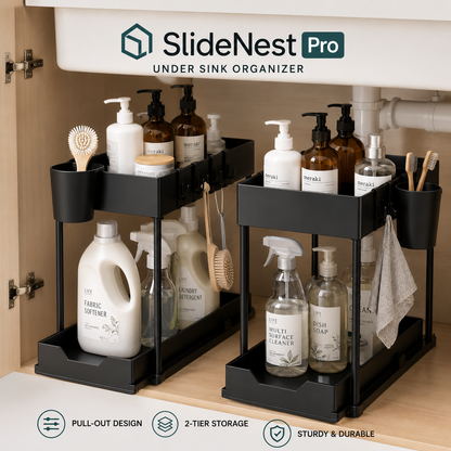 SlideNest Pro™ Under Sink Organizer – 2-Tier Sliding Cabinet Basket with Hooks for Kitchen & Bathroom Storage