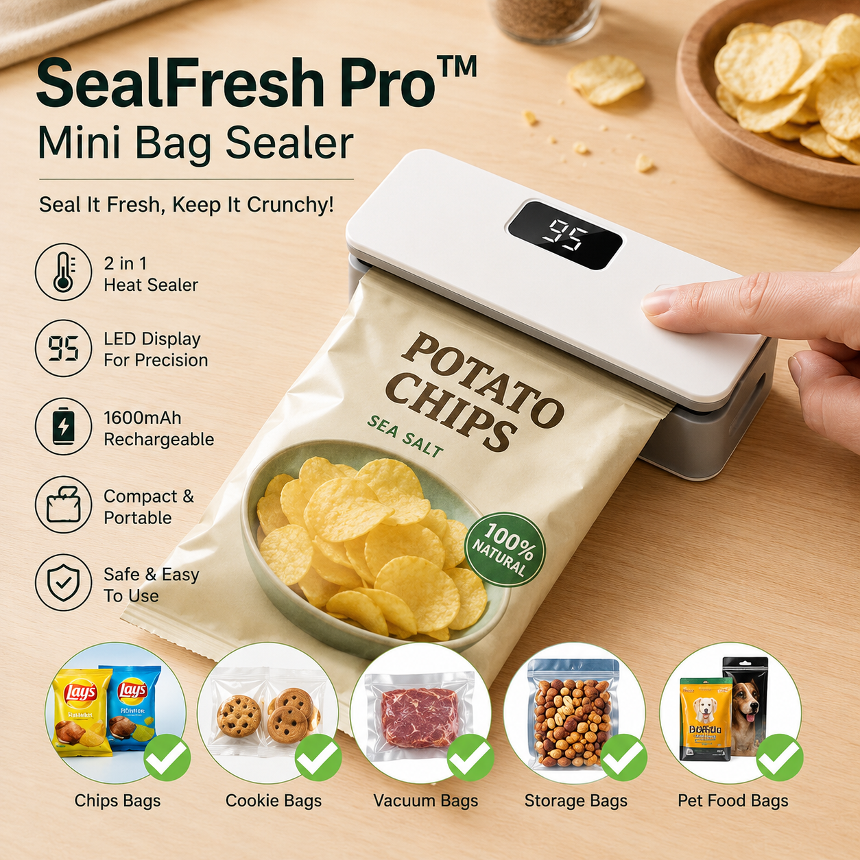 SealFresh Pro™ Mini Bag Sealer – 2-in-1 USB Rechargeable Heat Sealer & Cutter for Food Storage Bags