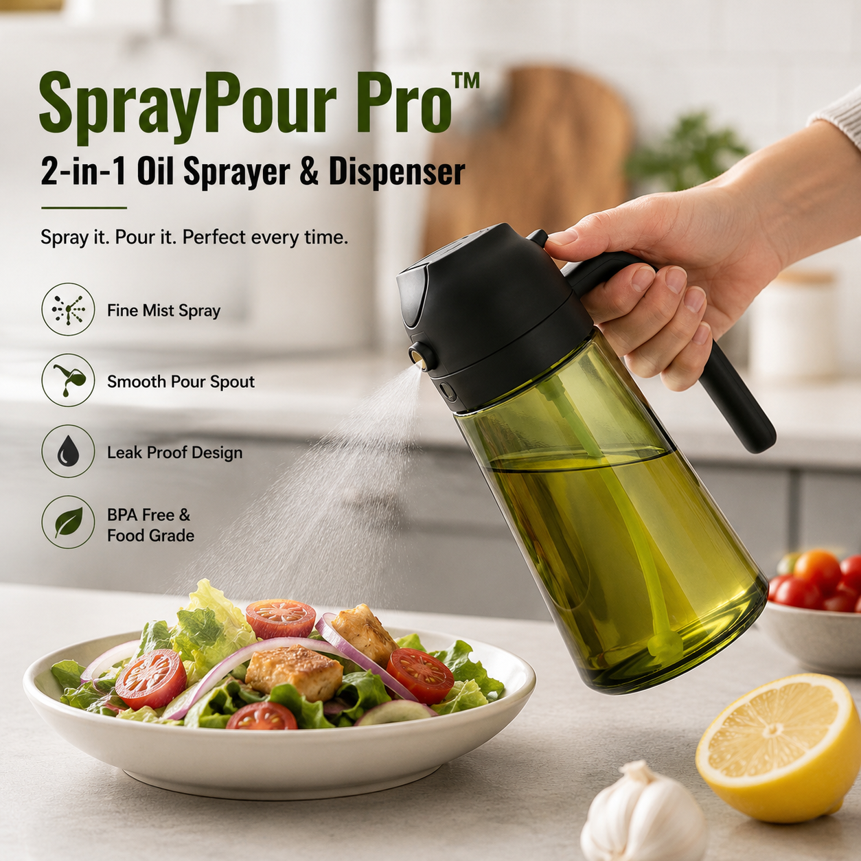 SprayPour Pro™ 2-in-1 Oil Sprayer & Dispenser – 16oz Glass Oil Bottles for Kitchen, Air Fryer & Cooking