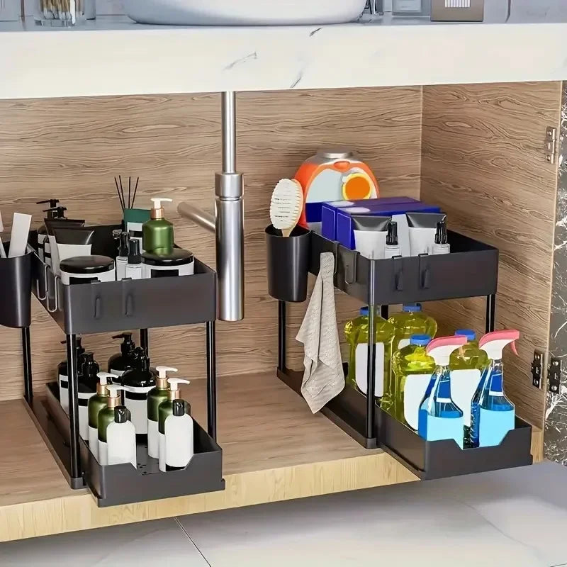 SlideNest Pro™ Under Sink Organizer – 2-Tier Sliding Cabinet Basket with Hooks for Kitchen & Bathroom Storage