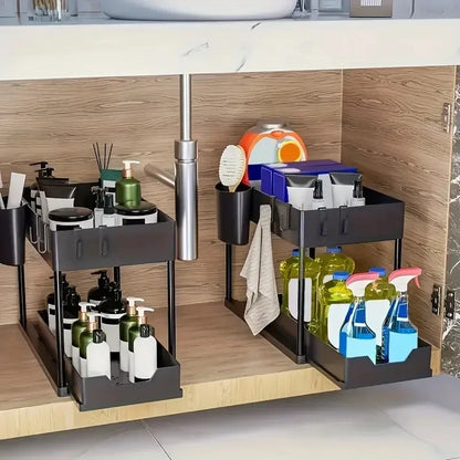 SlideNest Pro™ Under Sink Organizer – 2-Tier Sliding Cabinet Basket with Hooks for Kitchen & Bathroom Storage
