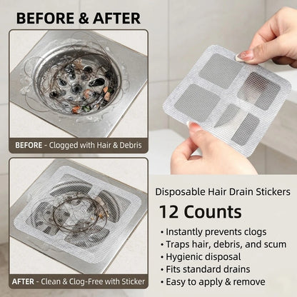 DrainGuard™ Disposable Hair Catcher Stickers – 12PCS Adhesive Drain Mesh Filters for Shower & Sink