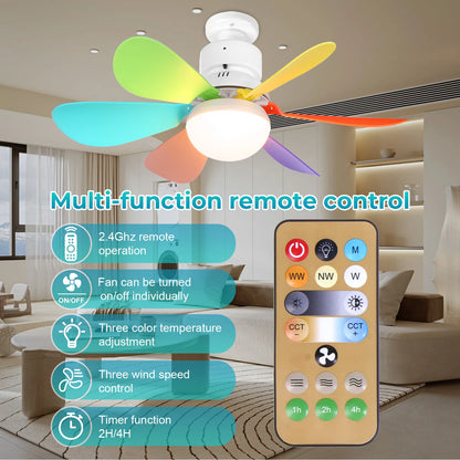 BreezeGlow Pro™ Screw-In Socket Fan Light – LED Ceiling Fan with Remote, 3 Color Modes & E26/E27 Bulb Base for Garage, Bedroom & Kitchen
