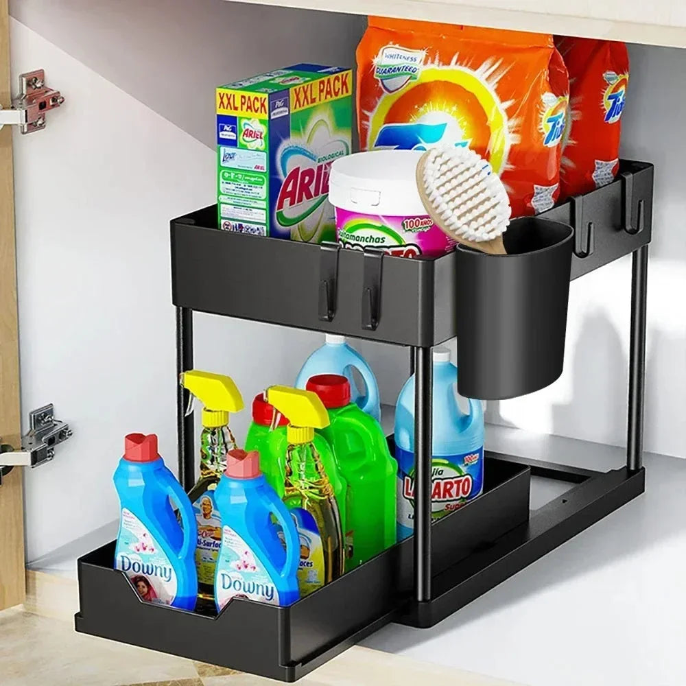 SlideNest Pro™ Under Sink Organizer – 2-Tier Sliding Cabinet Basket with Hooks for Kitchen & Bathroom Storage