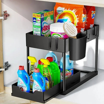 SlideNest Pro™ Under Sink Organizer – 2-Tier Sliding Cabinet Basket with Hooks for Kitchen & Bathroom Storage