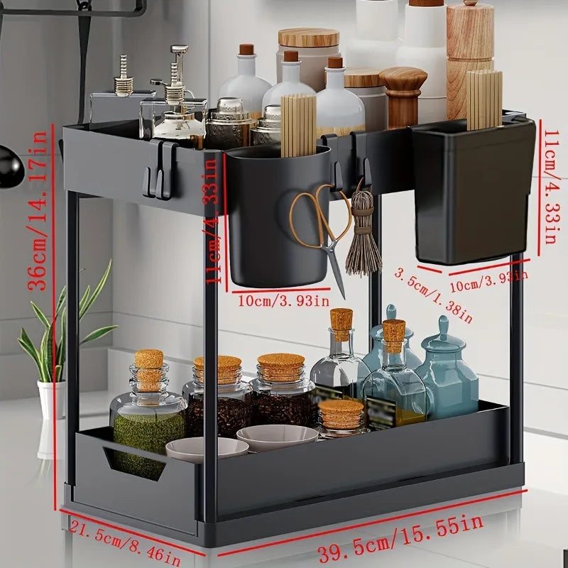 SlideNest Pro™ Under Sink Organizer – 2-Tier Sliding Cabinet Basket with Hooks for Kitchen & Bathroom Storage