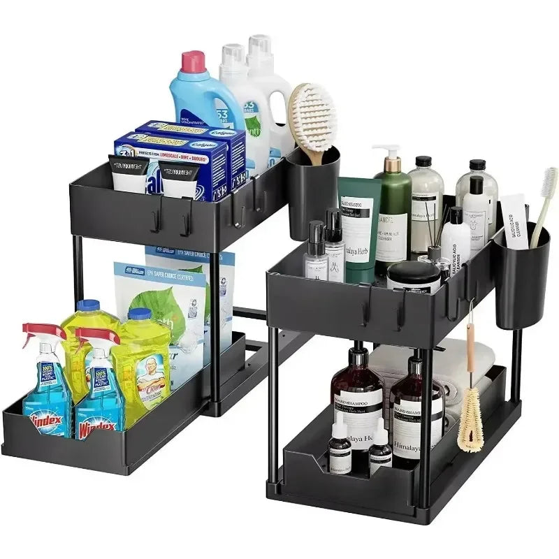 SlideNest Pro™ Under Sink Organizer – 2-Tier Sliding Cabinet Basket with Hooks for Kitchen & Bathroom Storage
