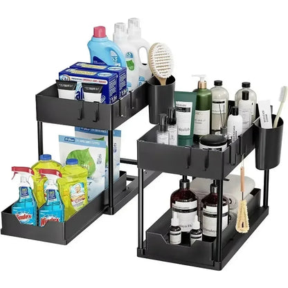 SlideNest Pro™ Under Sink Organizer – 2-Tier Sliding Cabinet Basket with Hooks for Kitchen & Bathroom Storage