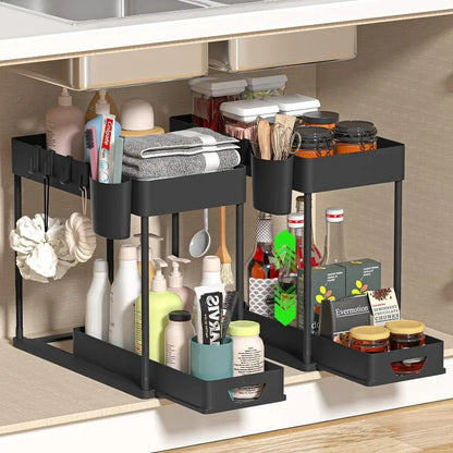 SlideNest Pro™ Under Sink Organizer – 2-Tier Sliding Cabinet Basket with Hooks for Kitchen & Bathroom Storage
